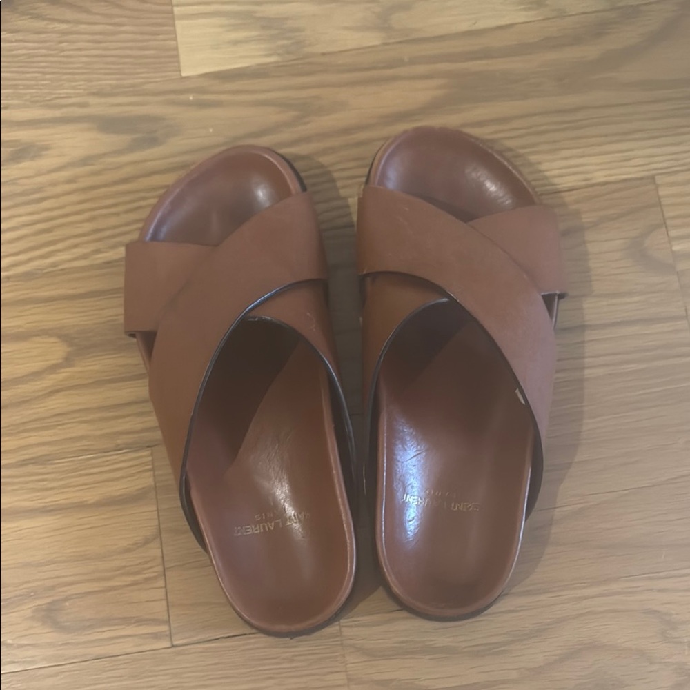 Saint Laurent Jimmy Cross Brown Leather Slides Sandals 36.5 6.5